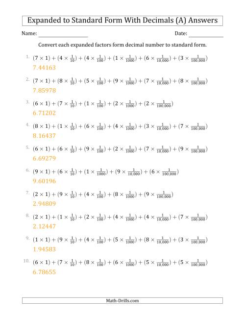 The Converting Expanded Factors Form Decimals Using Fractions to Standard Form (1-Digit Before the Decimal; 5-Digits After the Decimal) (A) Math Worksheet Page 2