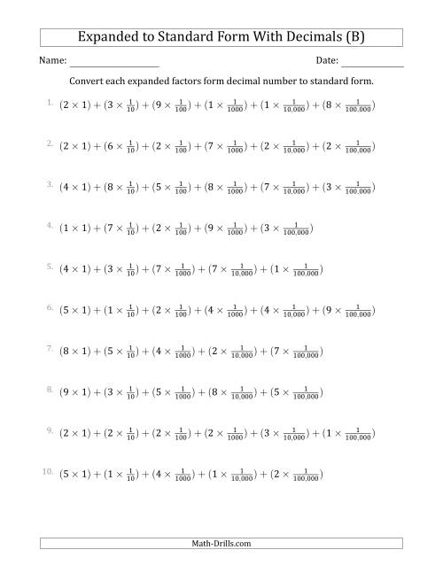 The Converting Expanded Factors Form Decimals Using Fractions to Standard Form (1-Digit Before the Decimal; 5-Digits After the Decimal) (B) Math Worksheet