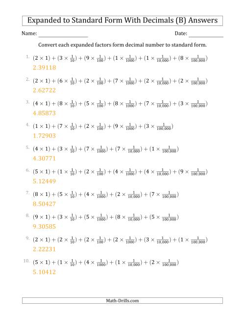 The Converting Expanded Factors Form Decimals Using Fractions to Standard Form (1-Digit Before the Decimal; 5-Digits After the Decimal) (B) Math Worksheet Page 2