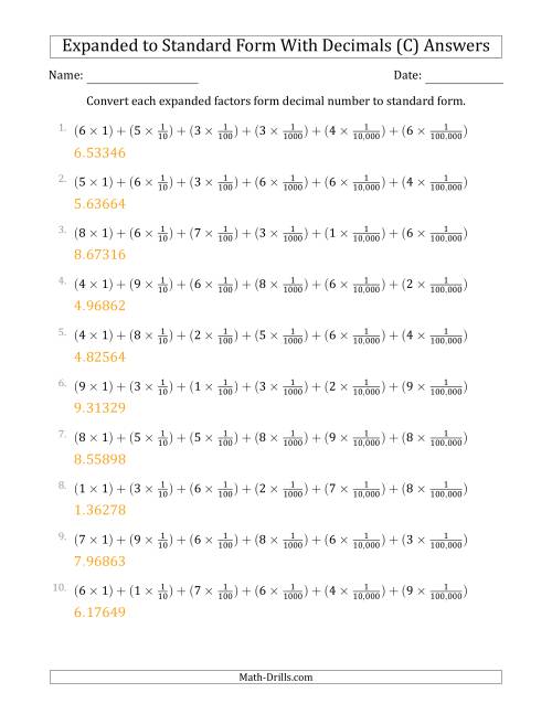 The Converting Expanded Factors Form Decimals Using Fractions to Standard Form (1-Digit Before the Decimal; 5-Digits After the Decimal) (C) Math Worksheet Page 2