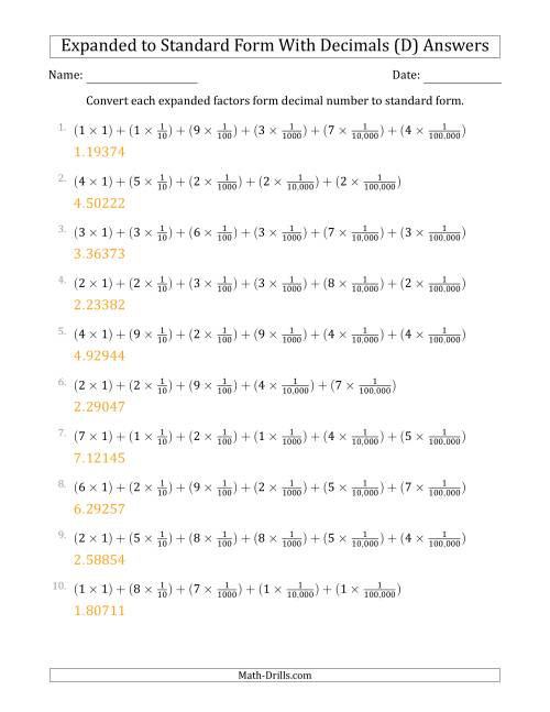The Converting Expanded Factors Form Decimals Using Fractions to Standard Form (1-Digit Before the Decimal; 5-Digits After the Decimal) (D) Math Worksheet Page 2
