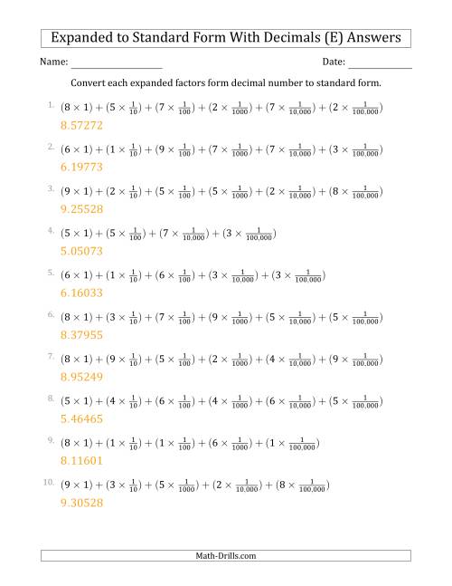 The Converting Expanded Factors Form Decimals Using Fractions to Standard Form (1-Digit Before the Decimal; 5-Digits After the Decimal) (E) Math Worksheet Page 2