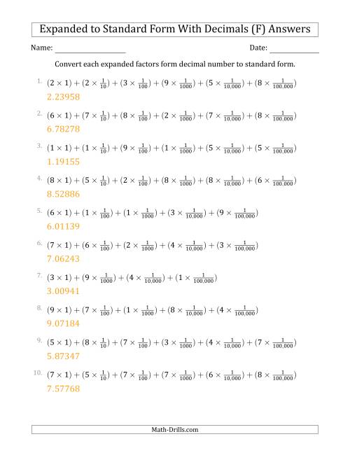 The Converting Expanded Factors Form Decimals Using Fractions to Standard Form (1-Digit Before the Decimal; 5-Digits After the Decimal) (F) Math Worksheet Page 2