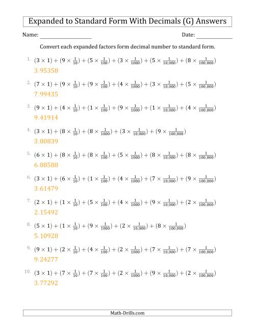 The Converting Expanded Factors Form Decimals Using Fractions to Standard Form (1-Digit Before the Decimal; 5-Digits After the Decimal) (G) Math Worksheet Page 2