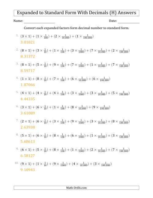 The Converting Expanded Factors Form Decimals Using Fractions to Standard Form (1-Digit Before the Decimal; 5-Digits After the Decimal) (H) Math Worksheet Page 2