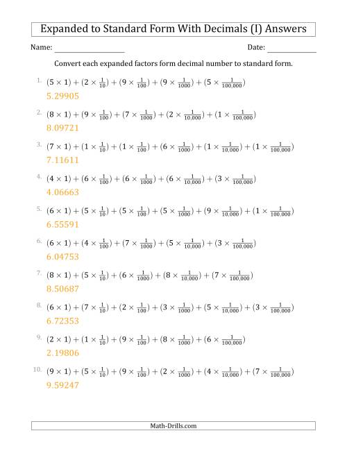 The Converting Expanded Factors Form Decimals Using Fractions to Standard Form (1-Digit Before the Decimal; 5-Digits After the Decimal) (I) Math Worksheet Page 2