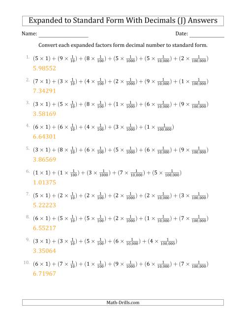 The Converting Expanded Factors Form Decimals Using Fractions to Standard Form (1-Digit Before the Decimal; 5-Digits After the Decimal) (J) Math Worksheet Page 2