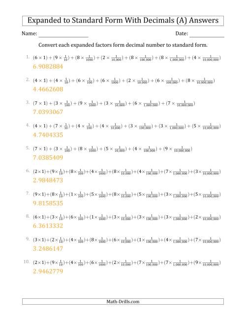 The Converting Expanded Factors Form Decimals Using Fractions to Standard Form (1-Digit Before the Decimal; 7-Digits After the Decimal) (A) Math Worksheet Page 2