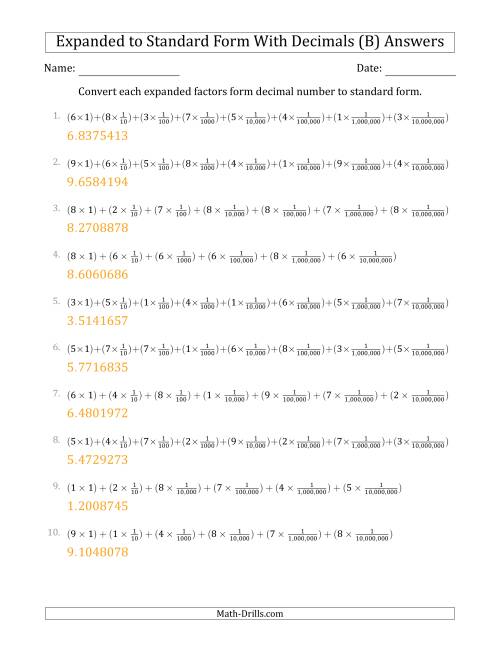 The Converting Expanded Factors Form Decimals Using Fractions to Standard Form (1-Digit Before the Decimal; 7-Digits After the Decimal) (B) Math Worksheet Page 2