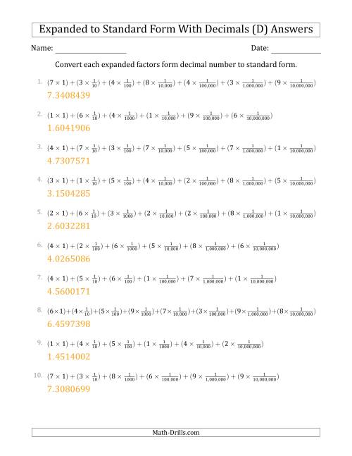 The Converting Expanded Factors Form Decimals Using Fractions to Standard Form (1-Digit Before the Decimal; 7-Digits After the Decimal) (D) Math Worksheet Page 2