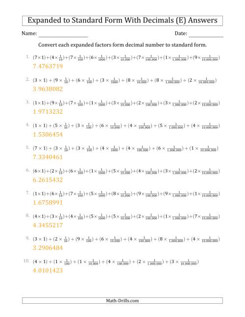 The Converting Expanded Factors Form Decimals Using Fractions to Standard Form (1-Digit Before the Decimal; 7-Digits After the Decimal) (E) Math Worksheet Page 2
