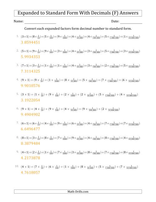 The Converting Expanded Factors Form Decimals Using Fractions to Standard Form (1-Digit Before the Decimal; 7-Digits After the Decimal) (F) Math Worksheet Page 2