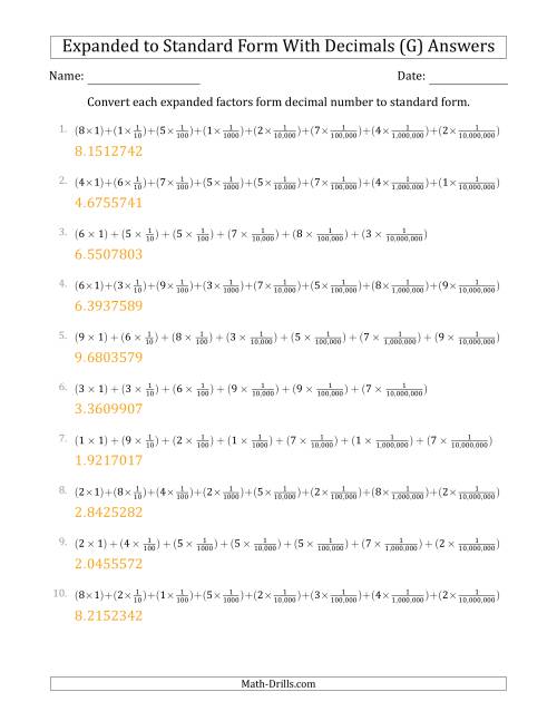 The Converting Expanded Factors Form Decimals Using Fractions to Standard Form (1-Digit Before the Decimal; 7-Digits After the Decimal) (G) Math Worksheet Page 2