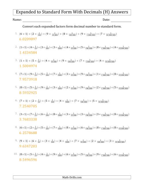The Converting Expanded Factors Form Decimals Using Fractions to Standard Form (1-Digit Before the Decimal; 7-Digits After the Decimal) (H) Math Worksheet Page 2