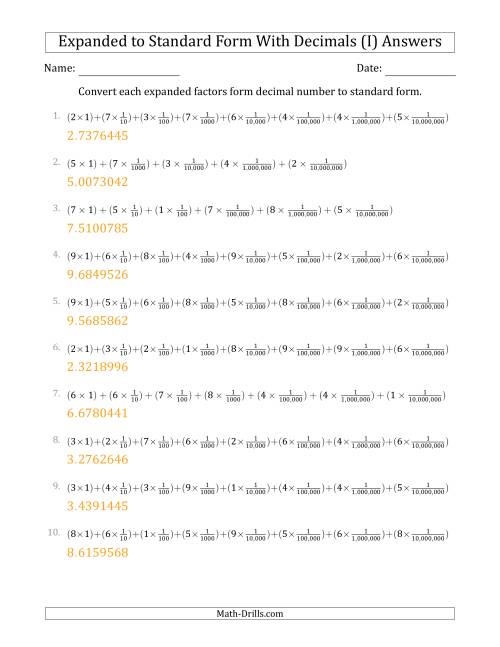 The Converting Expanded Factors Form Decimals Using Fractions to Standard Form (1-Digit Before the Decimal; 7-Digits After the Decimal) (I) Math Worksheet Page 2