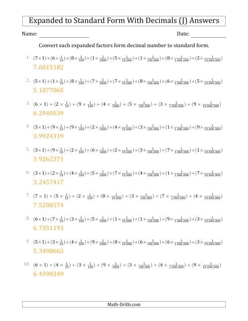 The Converting Expanded Factors Form Decimals Using Fractions to Standard Form (1-Digit Before the Decimal; 7-Digits After the Decimal) (J) Math Worksheet Page 2