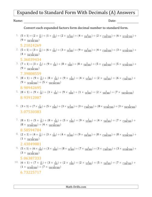 The Converting Expanded Factors Form Decimals Using Fractions to Standard Form (1-Digit Before the Decimal; 8-Digits After the Decimal) (A) Math Worksheet Page 2