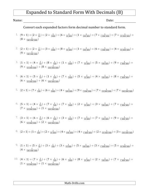 The Converting Expanded Factors Form Decimals Using Fractions to Standard Form (1-Digit Before the Decimal; 8-Digits After the Decimal) (B) Math Worksheet