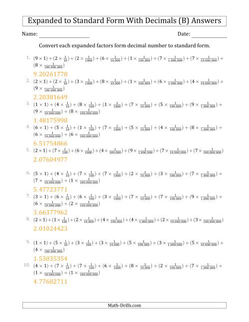 The Converting Expanded Factors Form Decimals Using Fractions to Standard Form (1-Digit Before the Decimal; 8-Digits After the Decimal) (B) Math Worksheet Page 2