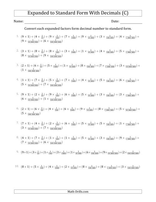 The Converting Expanded Factors Form Decimals Using Fractions to Standard Form (1-Digit Before the Decimal; 8-Digits After the Decimal) (C) Math Worksheet