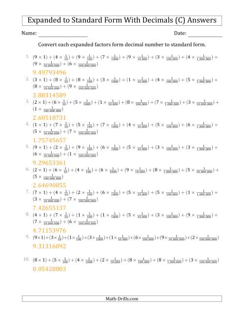 The Converting Expanded Factors Form Decimals Using Fractions to Standard Form (1-Digit Before the Decimal; 8-Digits After the Decimal) (C) Math Worksheet Page 2