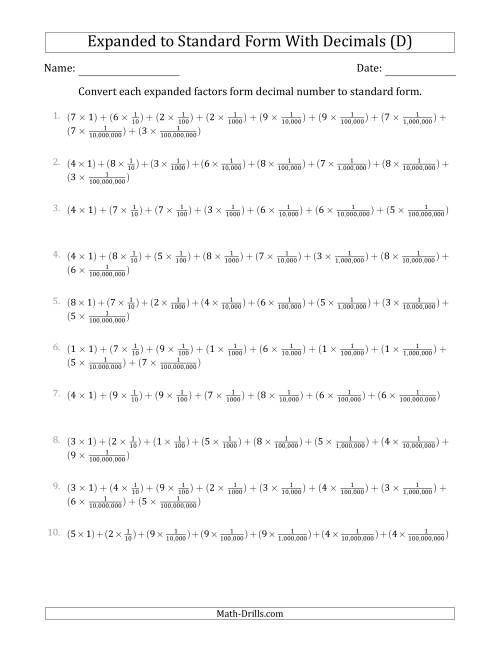 The Converting Expanded Factors Form Decimals Using Fractions to Standard Form (1-Digit Before the Decimal; 8-Digits After the Decimal) (D) Math Worksheet