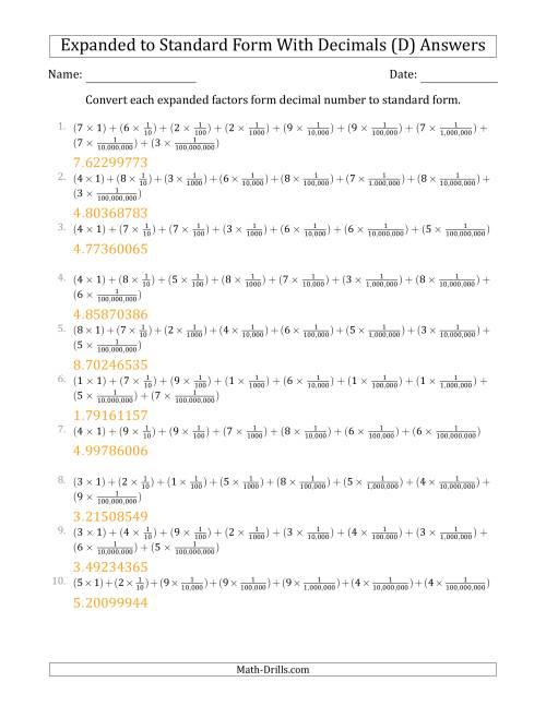The Converting Expanded Factors Form Decimals Using Fractions to Standard Form (1-Digit Before the Decimal; 8-Digits After the Decimal) (D) Math Worksheet Page 2
