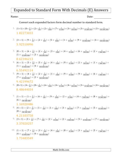 The Converting Expanded Factors Form Decimals Using Fractions to Standard Form (1-Digit Before the Decimal; 8-Digits After the Decimal) (E) Math Worksheet Page 2