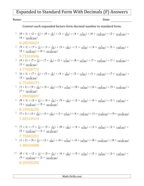 The Converting Expanded Factors Form Decimals Using Fractions to Standard Form (1-Digit Before the Decimal; 8-Digits After the Decimal) (F) Math Worksheet Page 2
