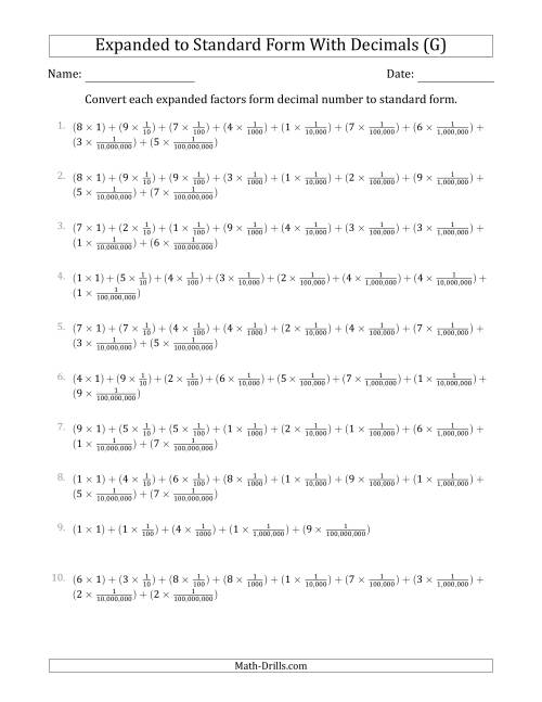 The Converting Expanded Factors Form Decimals Using Fractions to Standard Form (1-Digit Before the Decimal; 8-Digits After the Decimal) (G) Math Worksheet