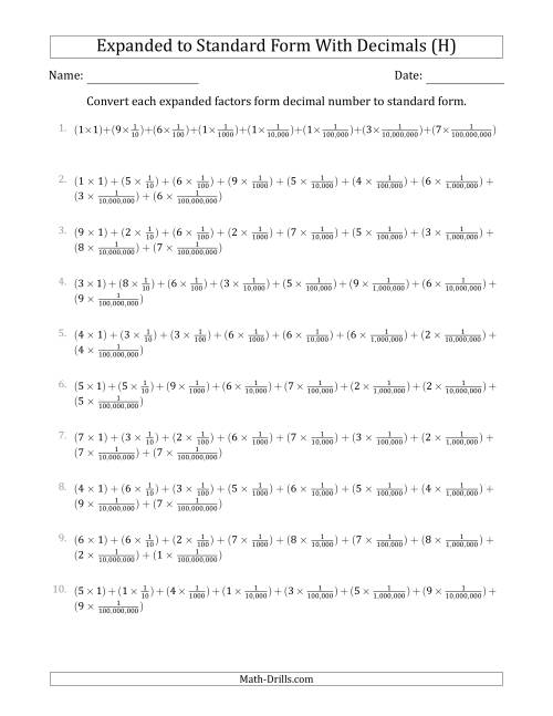 The Converting Expanded Factors Form Decimals Using Fractions to Standard Form (1-Digit Before the Decimal; 8-Digits After the Decimal) (H) Math Worksheet