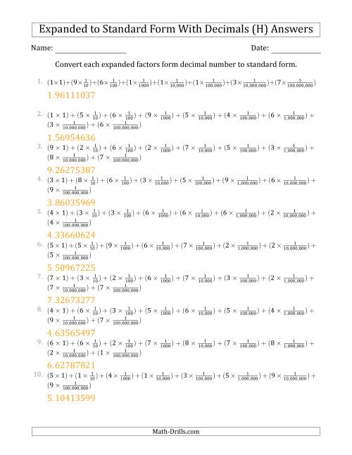 The Converting Expanded Factors Form Decimals Using Fractions to Standard Form (1-Digit Before the Decimal; 8-Digits After the Decimal) (H) Math Worksheet Page 2