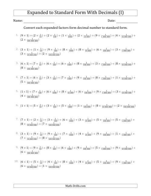 The Converting Expanded Factors Form Decimals Using Fractions to Standard Form (1-Digit Before the Decimal; 8-Digits After the Decimal) (I) Math Worksheet