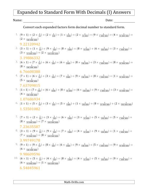 The Converting Expanded Factors Form Decimals Using Fractions to Standard Form (1-Digit Before the Decimal; 8-Digits After the Decimal) (I) Math Worksheet Page 2