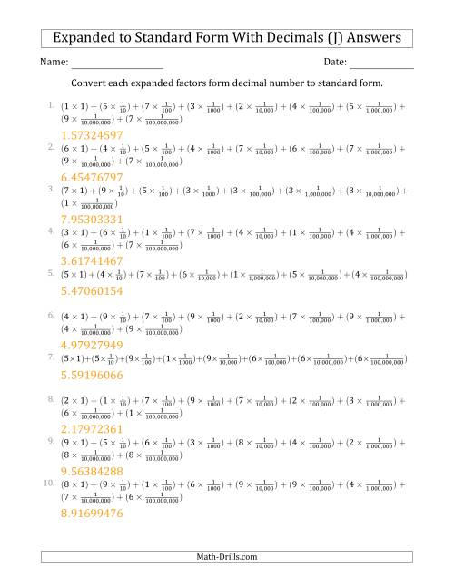 The Converting Expanded Factors Form Decimals Using Fractions to Standard Form (1-Digit Before the Decimal; 8-Digits After the Decimal) (J) Math Worksheet Page 2