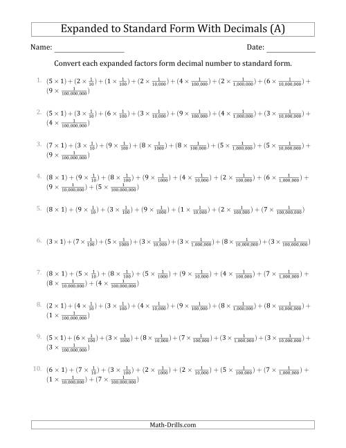 The Converting Expanded Factors Form Decimals Using Fractions to Standard Form (1-Digit Before the Decimal; 8-Digits After the Decimal) (All) Math Worksheet