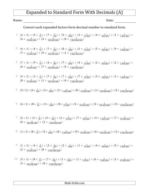 The Converting Expanded Factors Form Decimals Using Fractions to Standard Form (1-Digit Before the Decimal; 9-Digits After the Decimal) (A) Math Worksheet