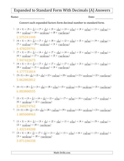 The Converting Expanded Factors Form Decimals Using Fractions to Standard Form (1-Digit Before the Decimal; 9-Digits After the Decimal) (A) Math Worksheet Page 2