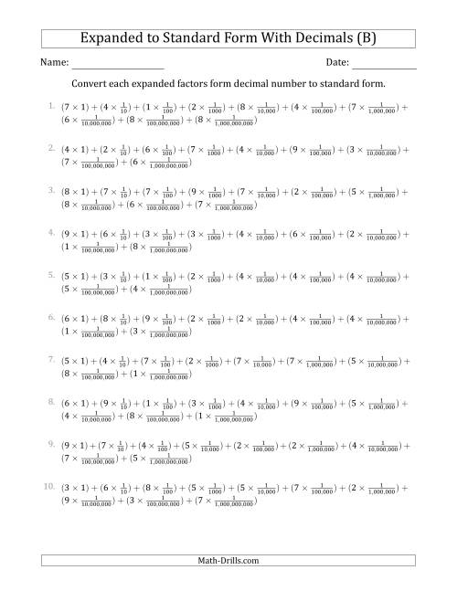 The Converting Expanded Factors Form Decimals Using Fractions to Standard Form (1-Digit Before the Decimal; 9-Digits After the Decimal) (B) Math Worksheet