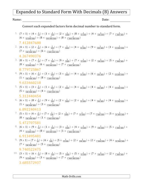 The Converting Expanded Factors Form Decimals Using Fractions to Standard Form (1-Digit Before the Decimal; 9-Digits After the Decimal) (B) Math Worksheet Page 2