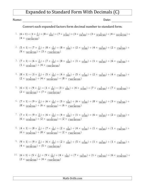 The Converting Expanded Factors Form Decimals Using Fractions to Standard Form (1-Digit Before the Decimal; 9-Digits After the Decimal) (C) Math Worksheet