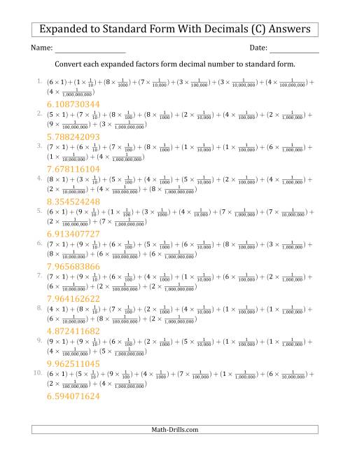 The Converting Expanded Factors Form Decimals Using Fractions to Standard Form (1-Digit Before the Decimal; 9-Digits After the Decimal) (C) Math Worksheet Page 2