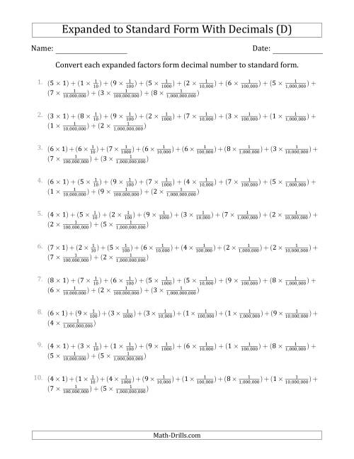 The Converting Expanded Factors Form Decimals Using Fractions to Standard Form (1-Digit Before the Decimal; 9-Digits After the Decimal) (D) Math Worksheet