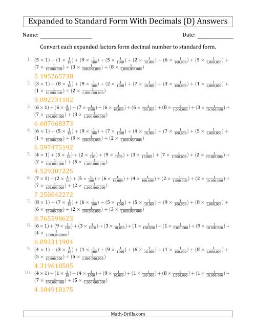 The Converting Expanded Factors Form Decimals Using Fractions to Standard Form (1-Digit Before the Decimal; 9-Digits After the Decimal) (D) Math Worksheet Page 2