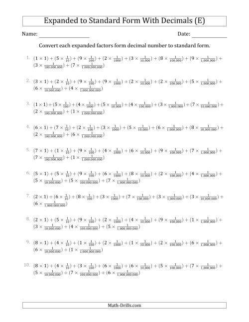 The Converting Expanded Factors Form Decimals Using Fractions to Standard Form (1-Digit Before the Decimal; 9-Digits After the Decimal) (E) Math Worksheet