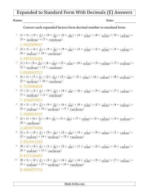 The Converting Expanded Factors Form Decimals Using Fractions to Standard Form (1-Digit Before the Decimal; 9-Digits After the Decimal) (E) Math Worksheet Page 2