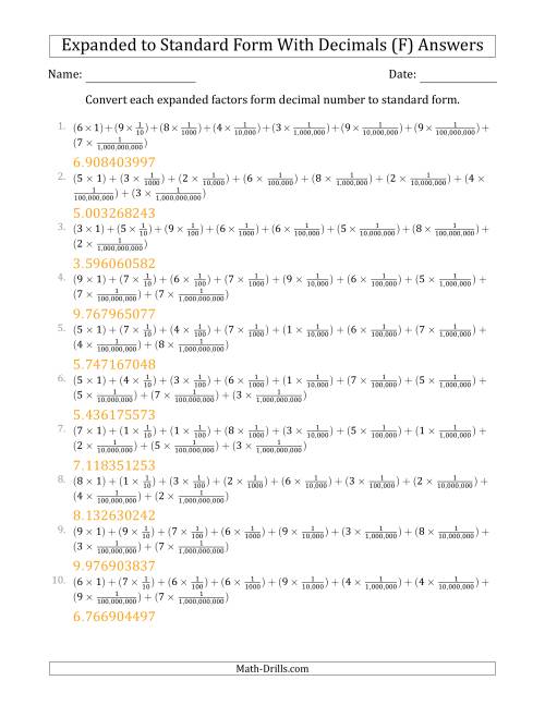 The Converting Expanded Factors Form Decimals Using Fractions to Standard Form (1-Digit Before the Decimal; 9-Digits After the Decimal) (F) Math Worksheet Page 2