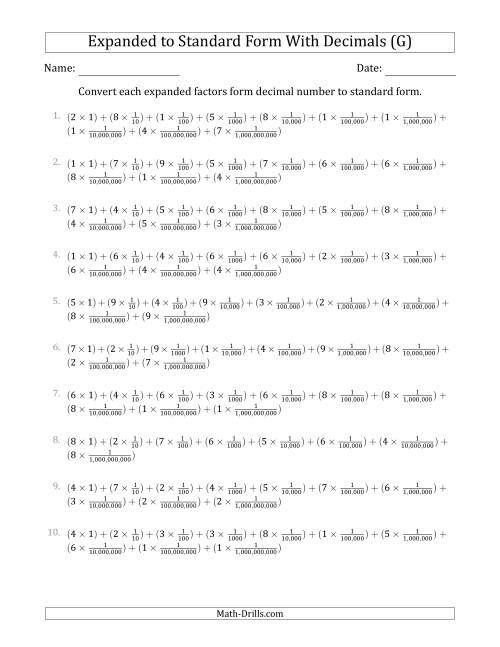 The Converting Expanded Factors Form Decimals Using Fractions to Standard Form (1-Digit Before the Decimal; 9-Digits After the Decimal) (G) Math Worksheet