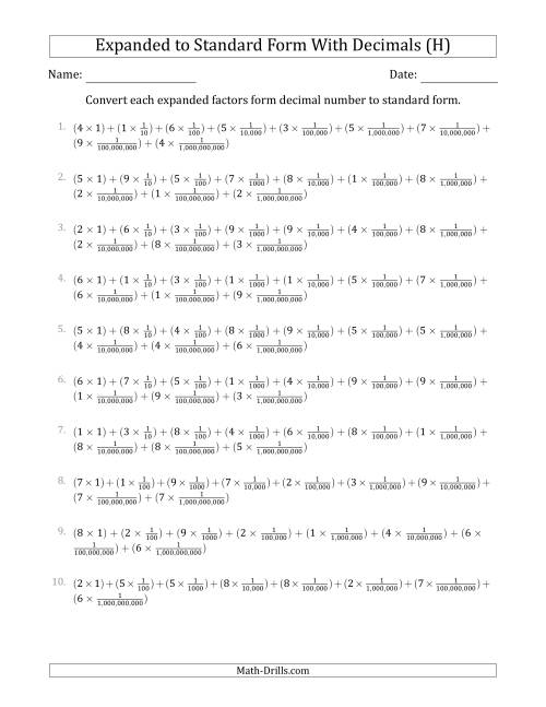The Converting Expanded Factors Form Decimals Using Fractions to Standard Form (1-Digit Before the Decimal; 9-Digits After the Decimal) (H) Math Worksheet