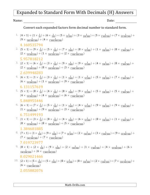 The Converting Expanded Factors Form Decimals Using Fractions to Standard Form (1-Digit Before the Decimal; 9-Digits After the Decimal) (H) Math Worksheet Page 2